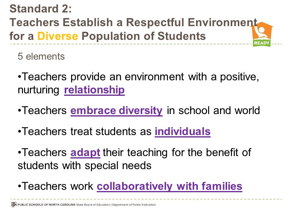 5 elements Teachers provide an environment with a positive, nurturing relationship Teachers embrace diversity in school and world Teachers treat students as individuals Teachers adapt their teaching for the benefit of students with special needs Teachers work collaboratively with families Standard 2: Teachers Establish a Respectful Environment for a Diverse Population of Students