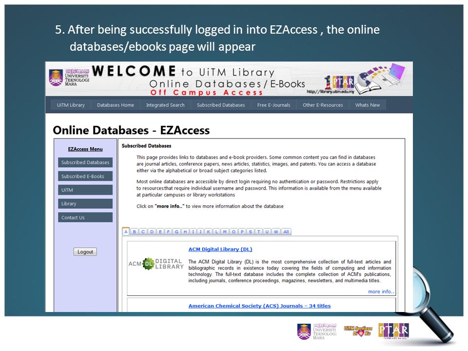 5. After being successfully logged in into EZAccess, the online databases/ebooks page will appear