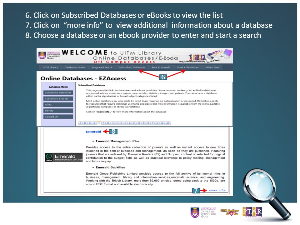 6. Click on Subscribed Databases or eBooks to view the list 7.