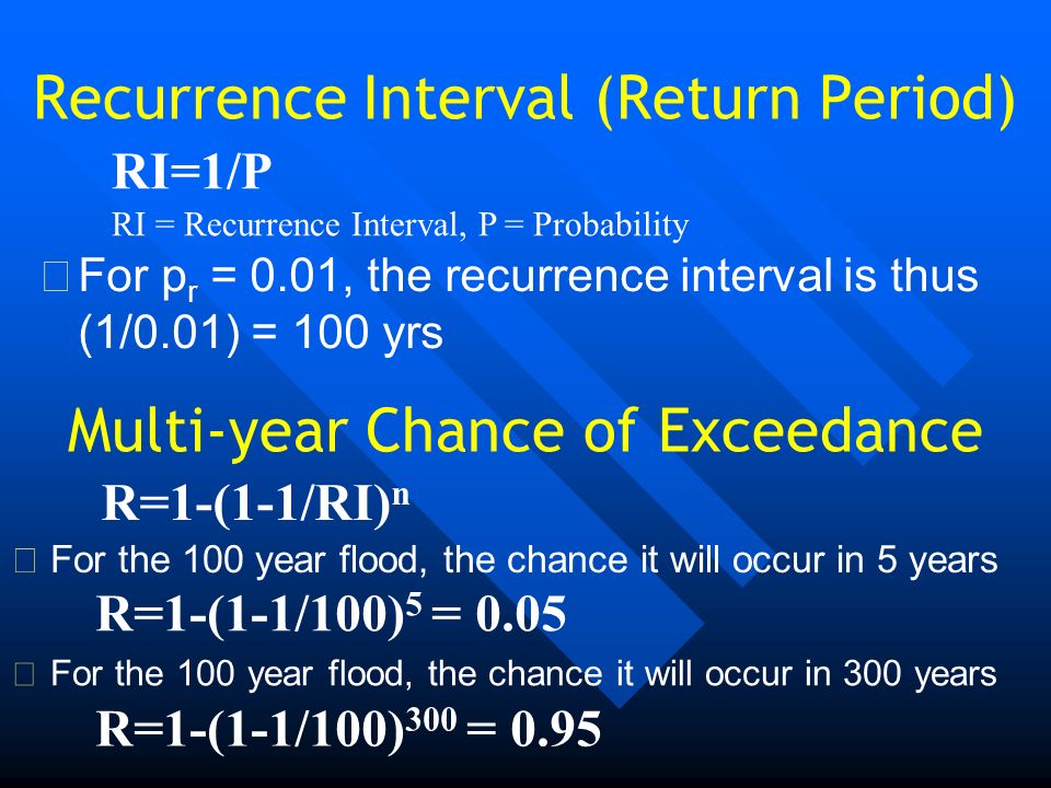 Recurrence Interval (Return Period)  For p r = 0.01, the recurrence interval is thus (1/0.01) = 100 yrs Multi-year Chance of Exceedance RI=1/P RI = Recurrence Interval, P = Probability R=1-(1-1/RI) n  For the 100 year flood, the chance it will occur in 5 years R=1-(1-1/100) 5 = 0.05  For the 100 year flood, the chance it will occur in 300 years R=1-(1-1/100) 300 = 0.95