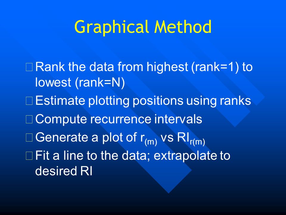 Graphical Method  Rank the data from highest (rank=1) to lowest (rank=N)  Estimate plotting positions using ranks  Compute recurrence intervals  Generate a plot of r (m) vs RI r(m)  Fit a line to the data; extrapolate to desired RI