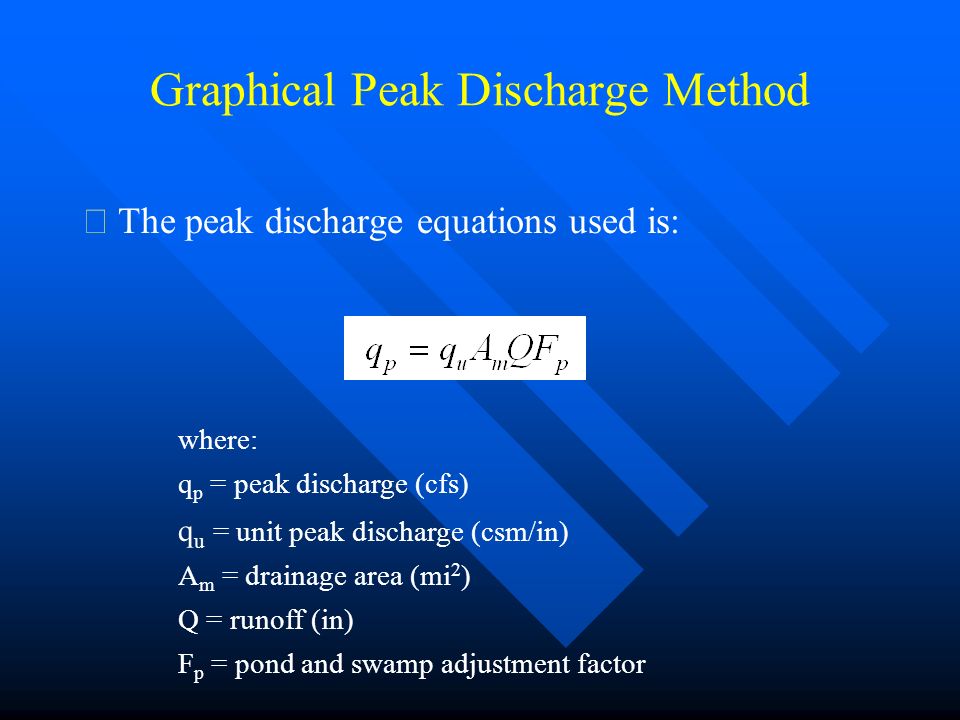 Graphical Peak Discharge Method  The peak discharge equations used is: where: q p = peak discharge (cfs) q u = unit peak discharge (csm/in) A m = drainage area (mi 2 ) Q = runoff (in) F p = pond and swamp adjustment factor