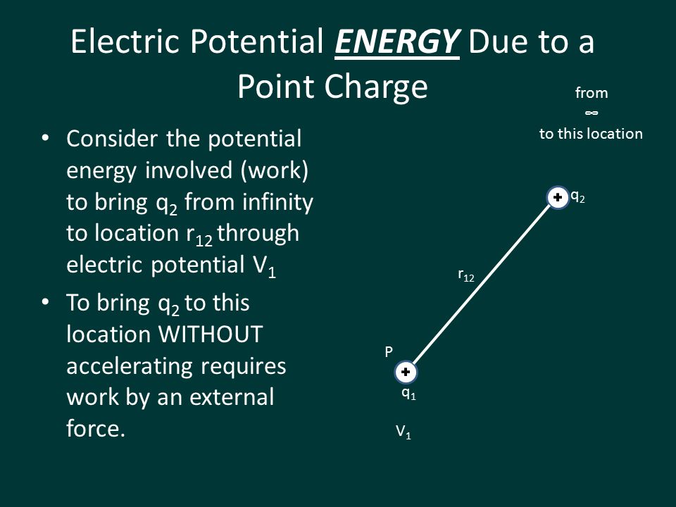 Electric Potential ENERGY Due to a Point Charge Consider the potential energy involved (work) to bring q 2 from infinity to location r 12 through electric potential V 1 To bring q 2 to this location WITHOUT accelerating requires work by an external force.