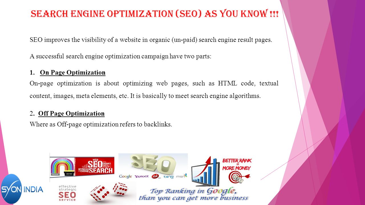 Search engine optimization (seo) as you know !!.
