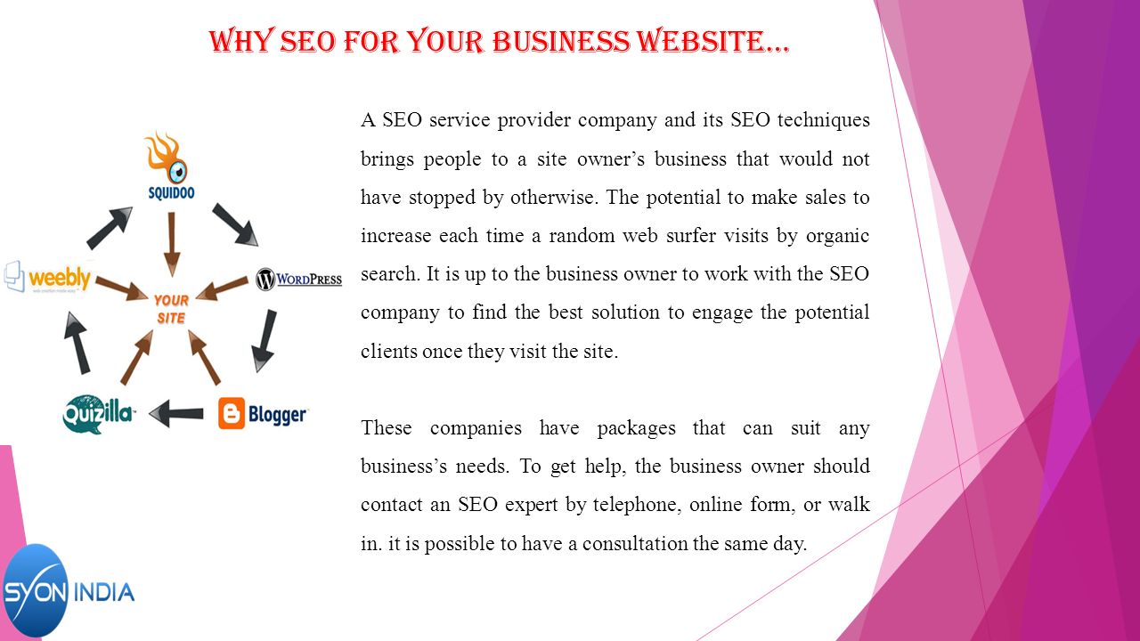 Why seo for your business website… A SEO service provider company and its SEO techniques brings people to a site owner’s business that would not have stopped by otherwise.