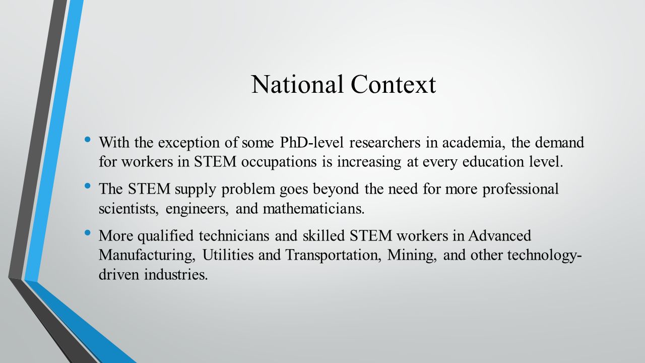 National Context With the exception of some PhD-level researchers in academia, the demand for workers in STEM occupations is increasing at every education level.