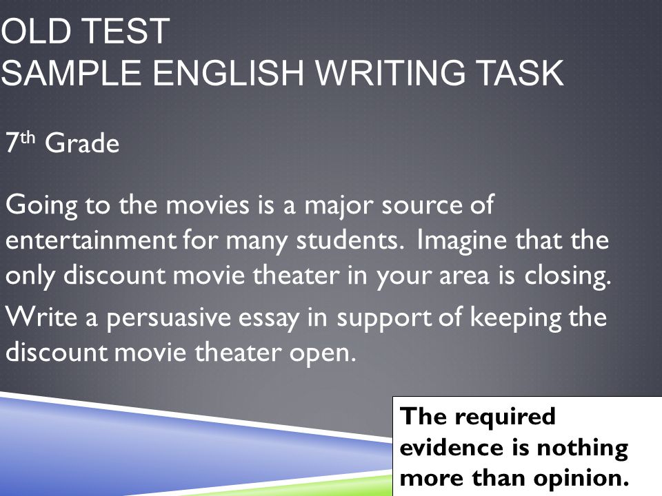 OLD TEST SAMPLE ENGLISH WRITING TASK 7 th Grade Going to the movies is a major source of entertainment for many students.