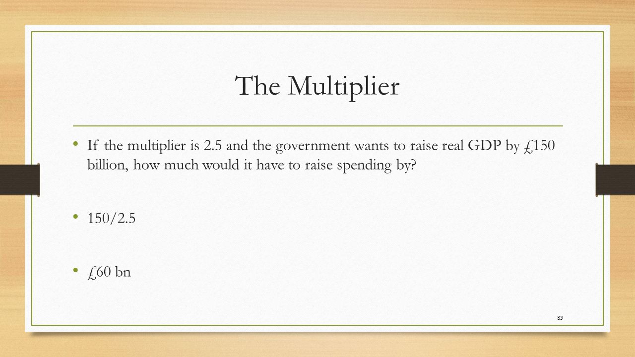 The Multiplier If the multiplier is 2.5 and the government wants to raise real GDP by £150 billion, how much would it have to raise spending by.