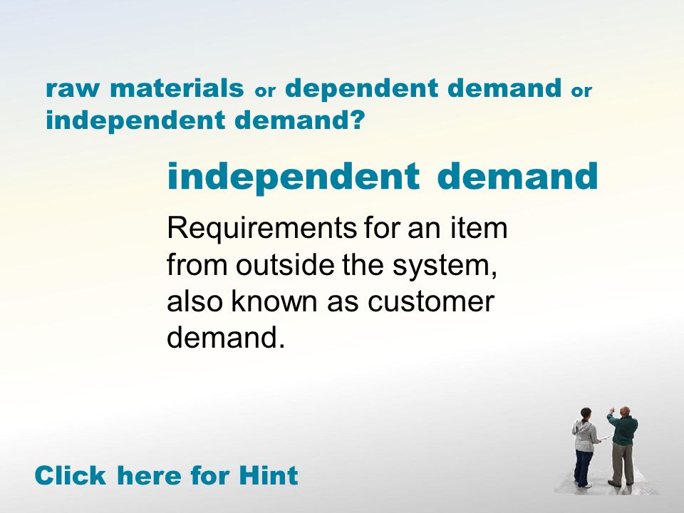 independent demand Requirements for an item from outside the system, also known as customer demand.