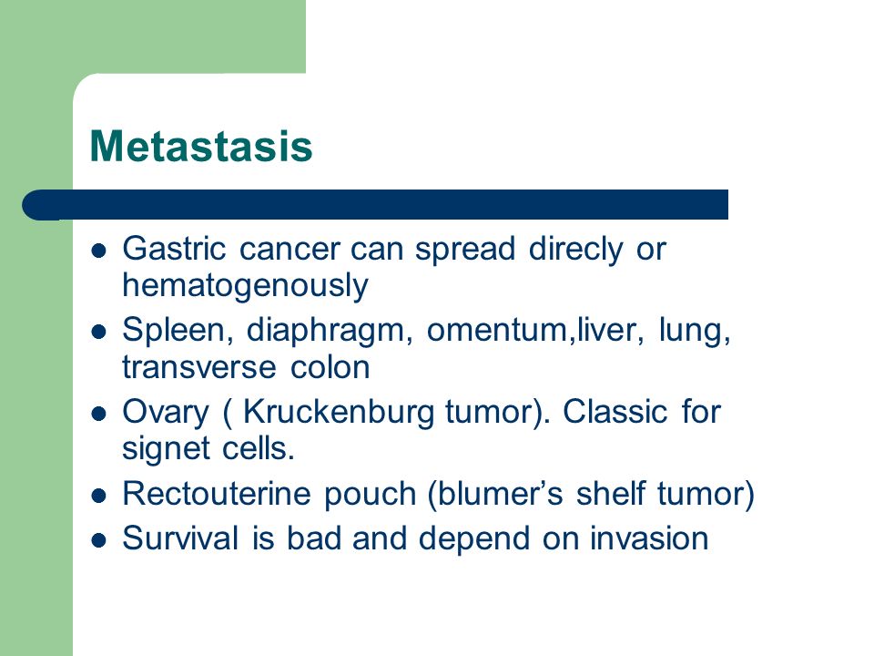 Metastasis Gastric cancer can spread direcly or hematogenously Spleen, diaphragm, omentum,liver, lung, transverse colon Ovary ( Kruckenburg tumor).