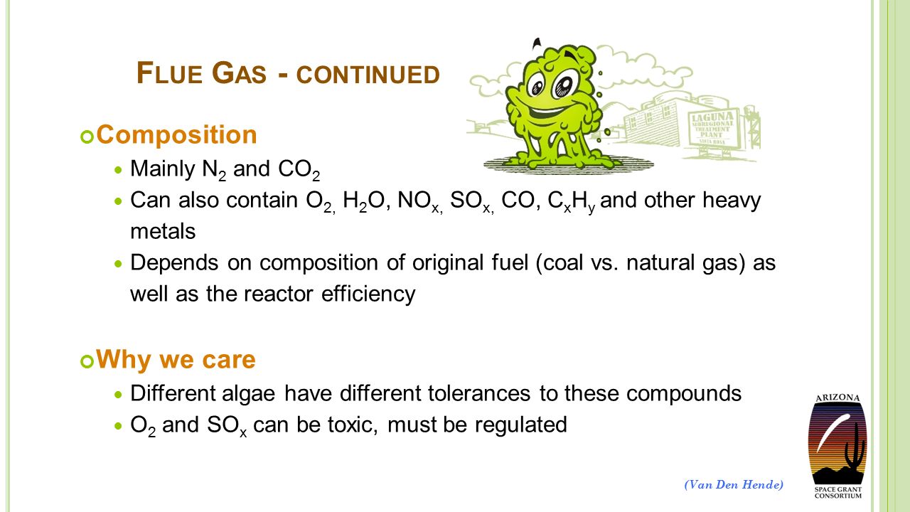 F LUE G AS - CONTINUED Composition Mainly N 2 and CO 2 Can also contain O 2, H 2 O, NO x, SO x, CO, C x H y and other heavy metals Depends on composition of original fuel (coal vs.