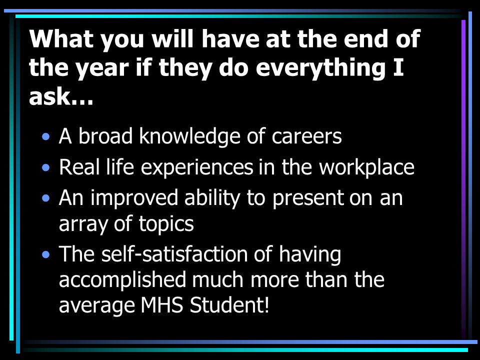 What you will have at the end of the year if they do everything I ask… A broad knowledge of careers Real life experiences in the workplace An improved ability to present on an array of topics The self-satisfaction of having accomplished much more than the average MHS Student!