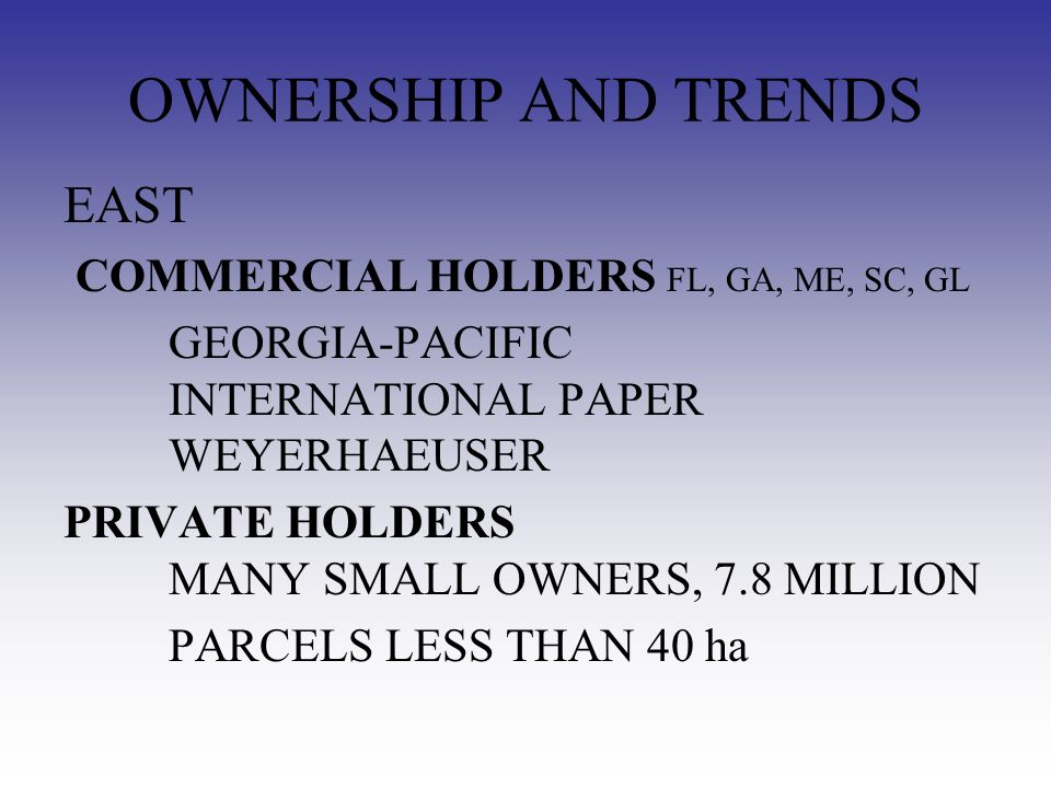 OWNERSHIP AND TRENDS EAST COMMERCIAL HOLDERS FL, GA, ME, SC, GL GEORGIA-PACIFIC INTERNATIONAL PAPER WEYERHAEUSER PRIVATE HOLDERS MANY SMALL OWNERS, 7.8 MILLION PARCELS LESS THAN 40 ha