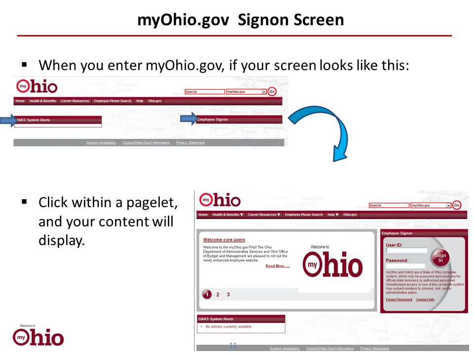 myOhio.gov Signon Screen  When you enter myOhio.gov, if your screen looks like this:  Click within a pagelet, and your content will display.