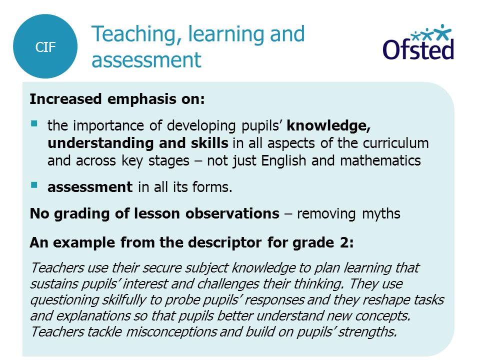 Teaching, learning and assessment Increased emphasis on:  the importance of developing pupils’ knowledge, understanding and skills in all aspects of the curriculum and across key stages – not just English and mathematics  assessment in all its forms.