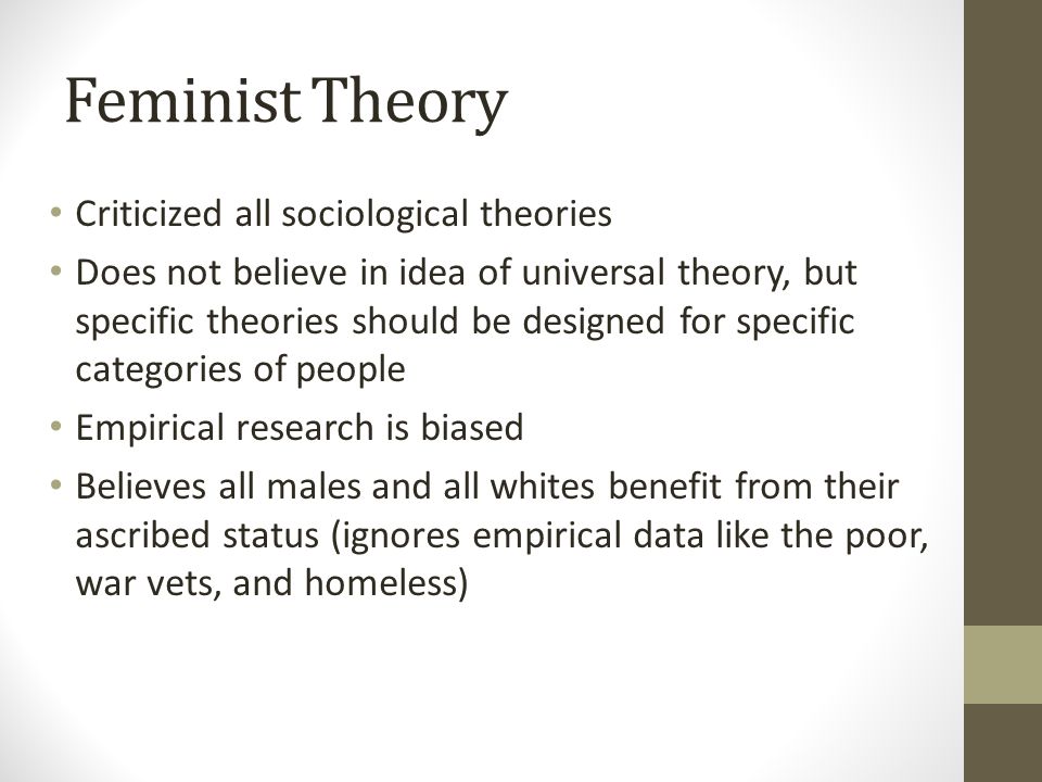 Feminist Theory Criticized all sociological theories Does not believe in id...