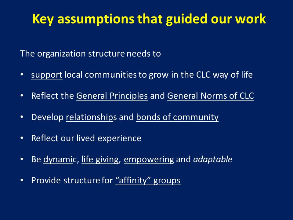 Key assumptions that guided our work The organization structure needs to support local communities to grow in the CLC way of life Reflect the General Principles and General Norms of CLC Develop relationships and bonds of community Reflect our lived experience Be dynamic, life giving, empowering and adaptable Provide structure for affinity groups