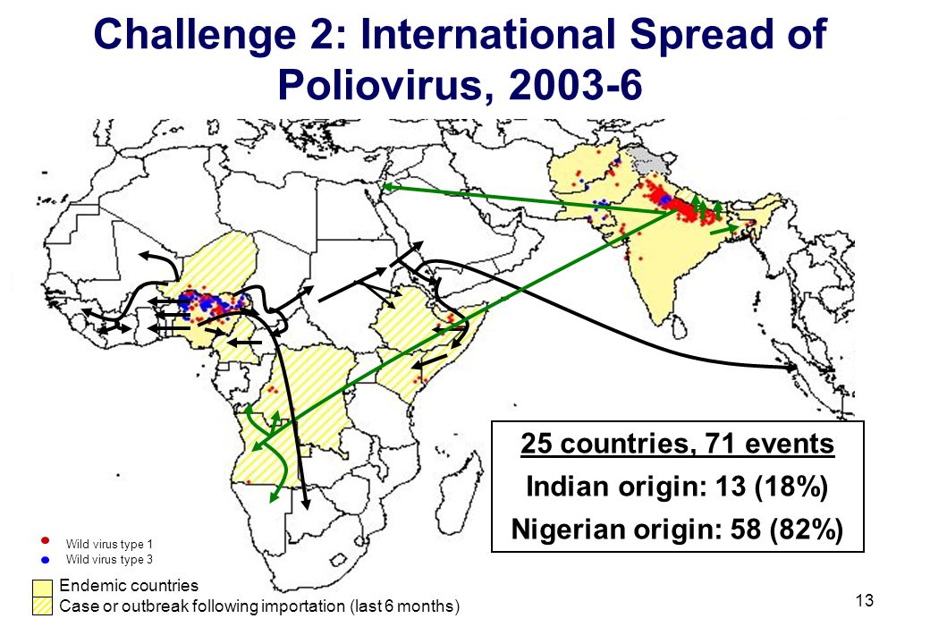 13 Challenge 2: International Spread of Poliovirus, countries, 71 events Indian origin: 13 (18%) Nigerian origin: 58 (82%) Case or outbreak following importation (last 6 months) Endemic countries Wild virus type 1 Wild virus type 3