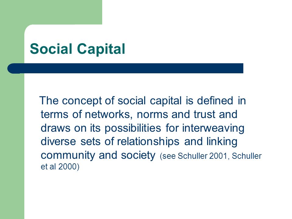 Social Capital The concept of social capital is defined in terms of networks, norms and trust and draws on its possibilities for interweaving diverse sets of relationships and linking community and society (see Schuller 2001, Schuller et al 2000)