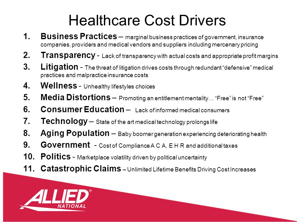 Healthcare Cost Drivers 1.Business Practices – marginal business practices of government, insurance companies, providers and medical vendors and suppliers including mercenary pricing 2.Transparency - Lack of transparency with actual costs and appropriate profit margins 3.Litigation - The threat of litigation drives costs through redundant defensive medical practices and malpractice insurance costs 4.Wellness - Unhealthy lifestyles choices 5.Media Distortions – Promoting an entitlement mentality… Free is not Free 6.Consumer Education – Lack of informed medical consumers 7.Technology – State of the art medical technology prolongs life 8.Aging Population – Baby boomer generation experiencing deteriorating health 9.Government - Cost of Compliance A C A, E H R and additional taxes 10.Politics - Marketplace volatility driven by political uncertainty 11.Catastrophic Claims – Unlimited Lifetime Benefits Driving Cost Increases
