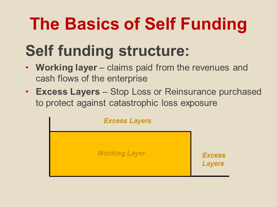 The Basics of Self Funding Self funding structure: Working layer – claims paid from the revenues and cash flows of the enterprise Excess Layers – Stop Loss or Reinsurance purchased to protect against catastrophic loss exposure Working Layer Excess Layers