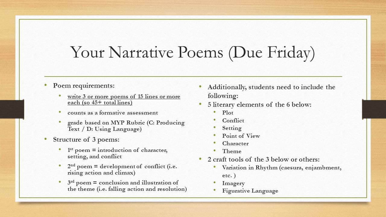 Writing Narrative Poetry Wednesday, September 13, th Grade MYP