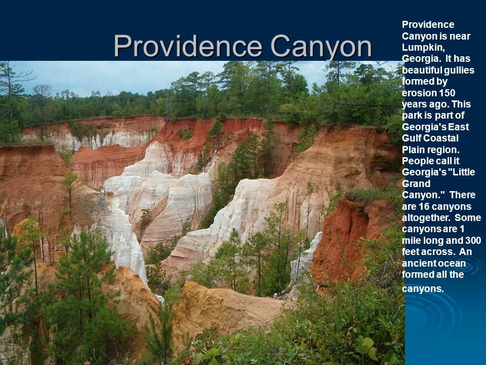 Providence Canyon Providence Canyon is near Lumpkin, Georgia.