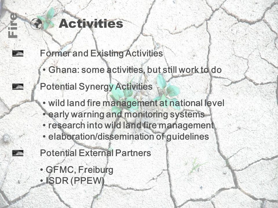 Fire Activities Former and Existing Activities Ghana: some activities, but still work to do Potential Synergy Activities wild land fire management at national level early warning and monitoring systems research into wild land fire management elaboration/dissemination of guidelines Potential External Partners GFMC, Freiburg ISDR (PPEW)