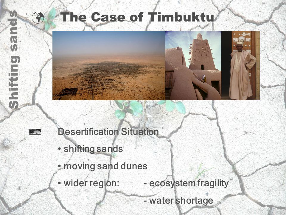 Shifting sands The Case of Timbuktu Desertification Situation shifting sands moving sand dunes wider region: - ecosystem fragility - water shortage