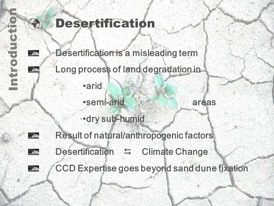 Desertification Introduction Desertification is a misleading term Long process of land degradation in arid semi-aridareas dry sub-humid Result of natural/anthropogenic factors Desertification  Climate Change CCD Expertise goes beyond sand dune fixation