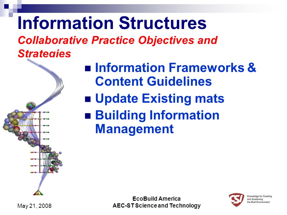 EcoBuild America AEC-ST Science and Technology May 21, 2008 Information Structures Collaborative Practice Objectives and Strategies Information Frameworks & Content Guidelines Update Existing mats Building Information Management