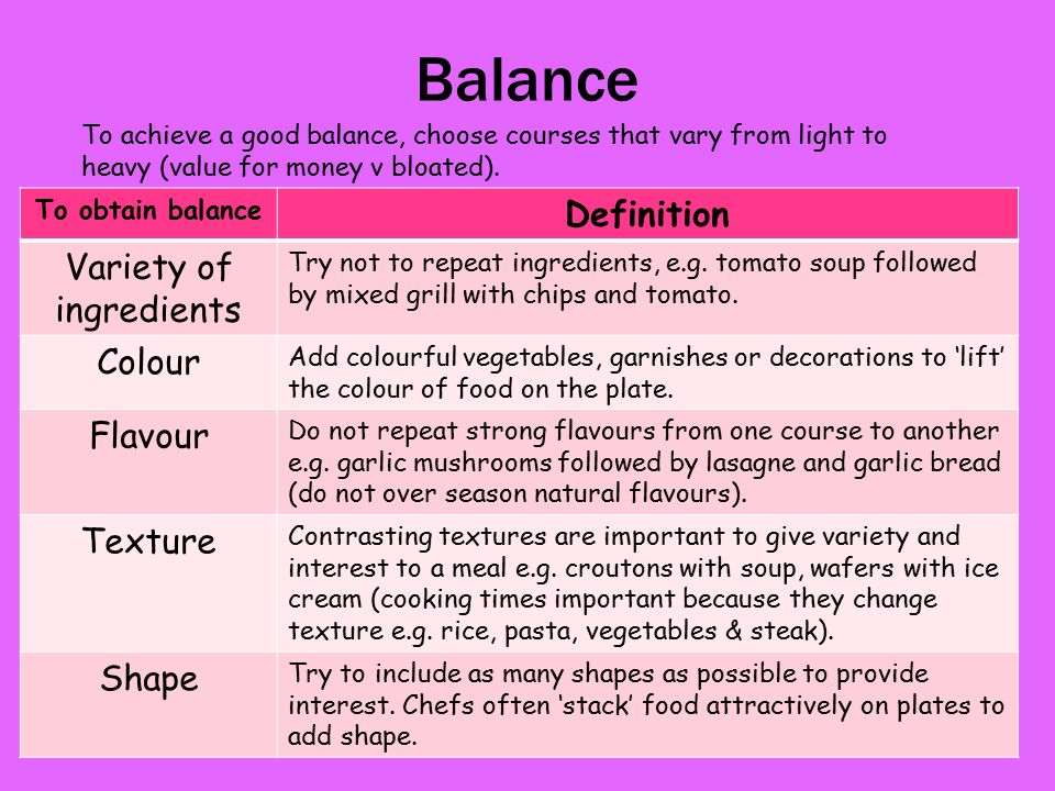 Menu Planning Part two. Balance To obtain balance Definition Variety of  ingredients Try not to repeat ingredients, e.g. tomato soup followed by  mixed. - ppt download