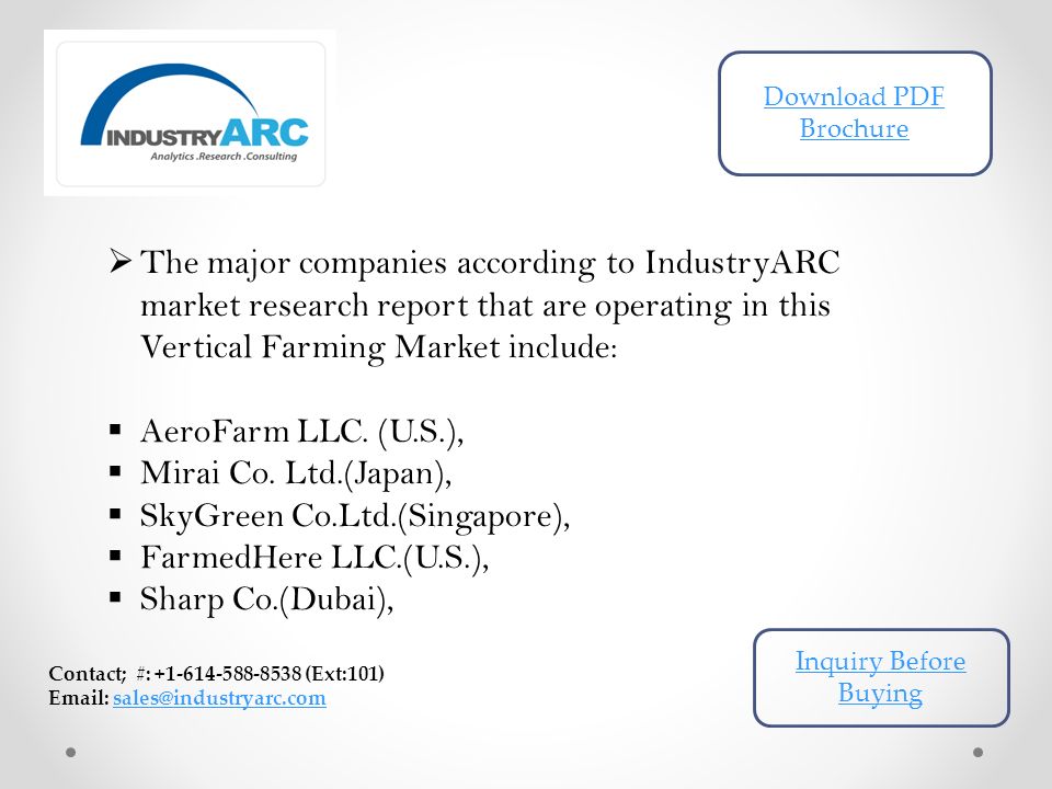  The major companies according to IndustryARC market research report that are operating in this Vertical Farming Market include:  AeroFarm LLC.