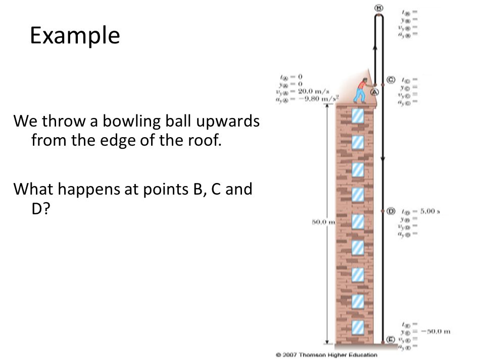 Example We throw a bowling ball upwards from the edge of the roof.