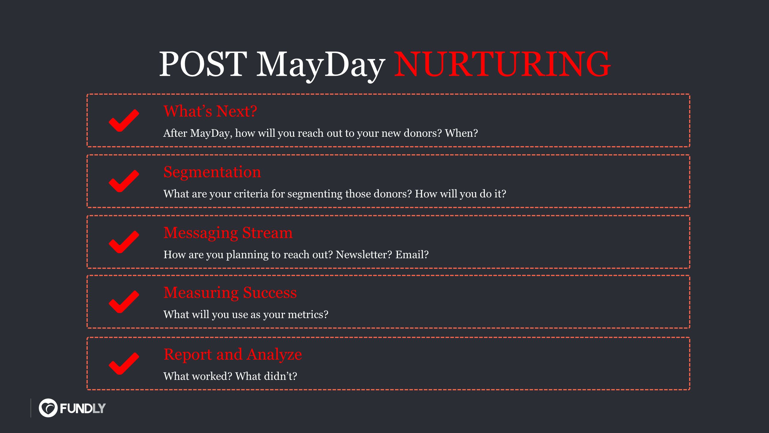 POST MayDay NURTURING After MayDay, how will you reach out to your new donors.
