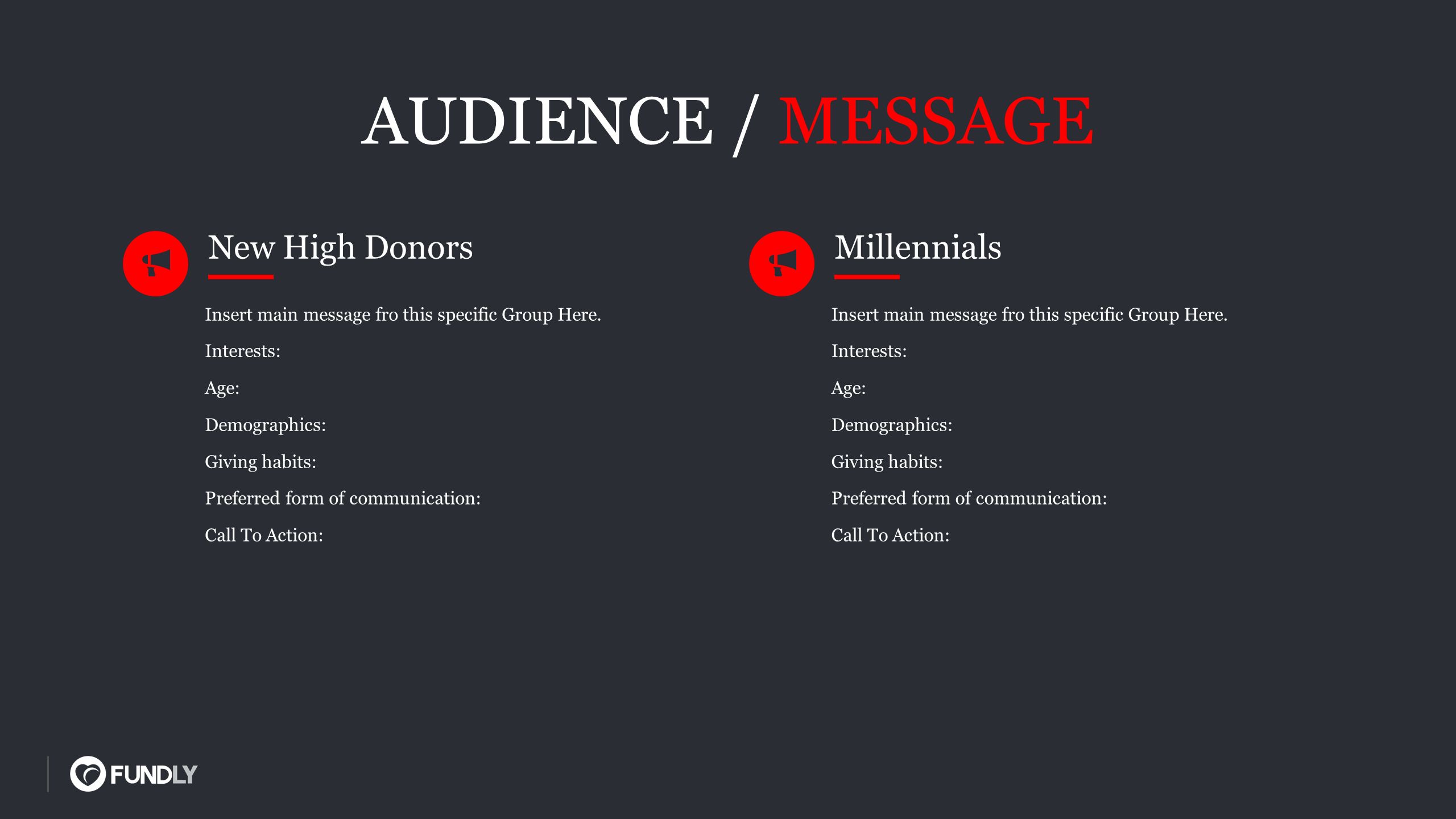 AUDIENCE / MESSAGE New High Donors Insert main message fro this specific Group Here.