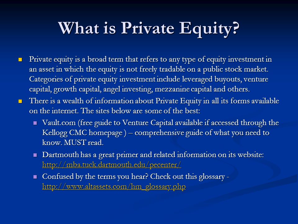 PEEK Guide to Private Equity December What Private Equity? Private equity is broad term that refers to any type of equity investment in an. - ppt download