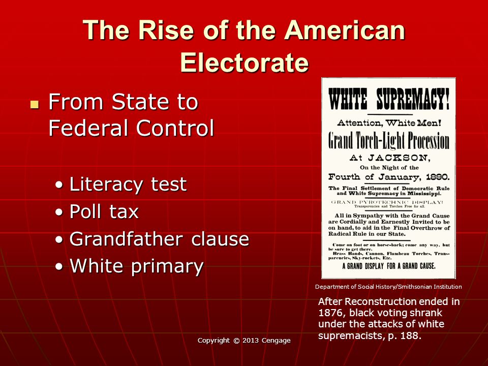 The Rise of the American Electorate From State to Federal Control From State to Federal Control Literacy testLiteracy test Poll taxPoll tax Grandfather clauseGrandfather clause White primaryWhite primary Copyright © 2013 Cengage Department of Social History/Smithsonian Institution After Reconstruction ended in 1876, black voting shrank under the attacks of white supremacists, p.
