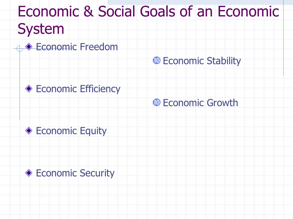 Economic & Social Goals of an Economic System Economic Freedom Economic Efficiency Economic Equity Economic Security  Economic Stability  Economic Growth