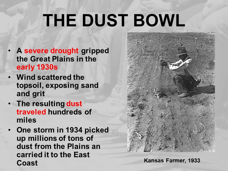THE DUST BOWL A severe drought gripped the Great Plains in the early 1930s Wind scattered the topsoil, exposing sand and grit The resulting dust traveled hundreds of miles One storm in 1934 picked up millions of tons of dust from the Plains an carried it to the East Coast Kansas Farmer, 1933