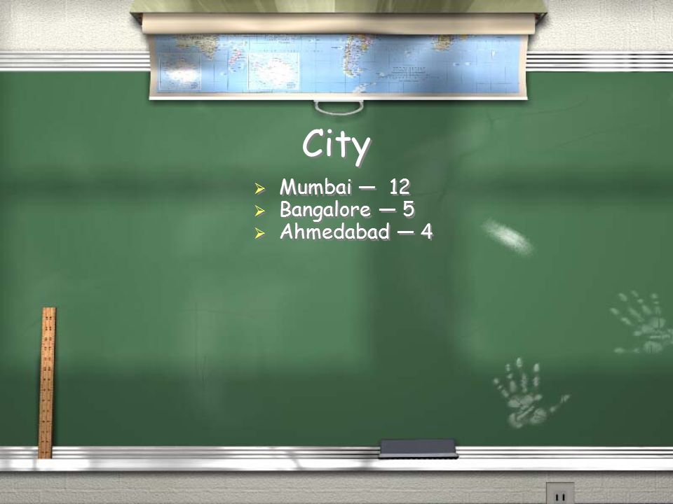 City  Mumbai — 12  Bangalore — 5  Ahmedabad — 4  Mumbai — 12  Bangalore — 5  Ahmedabad — 4