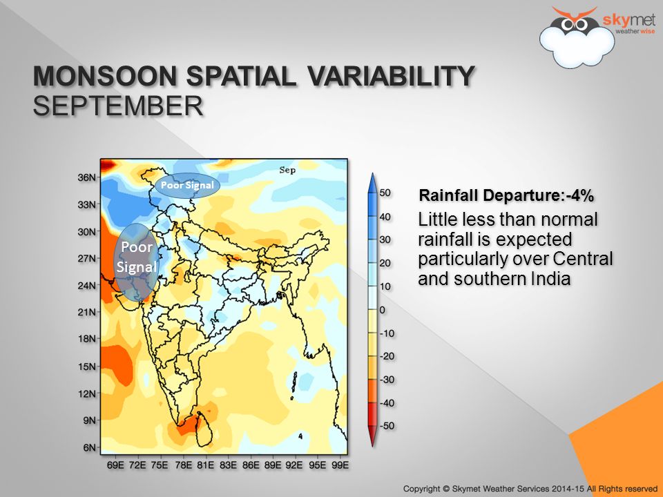MONSOON SPATIAL VARIABILITY SEPTEMBER MONSOON SPATIAL VARIABILITY SEPTEMBER Little less than normal rainfall is expected particularly over Central and southern India Rainfall Departure:-4% Poor Signal
