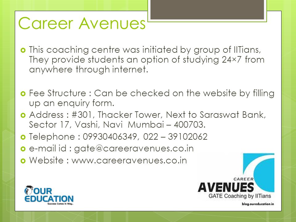 Career Avenues  This coaching centre was initiated by group of IITians, They provide students an option of studying 24×7 from anywhere through internet.