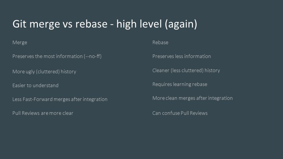 Git merge vs rebase - high level (again) Merge Preserves the most information (--no-ff) More ugly (cluttered) history Easier to understand Less Fast-Forward merges after integration Pull Reviews are more clear Rebase Preserves less information Cleaner (less cluttered) history Requires learning rebase More clean merges after integration Can confuse Pull Reviews