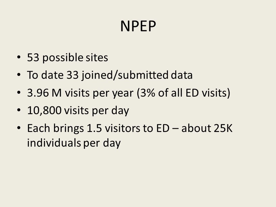 NPEP 53 possible sites To date 33 joined/submitted data 3.96 M visits per year (3% of all ED visits) 10,800 visits per day Each brings 1.5 visitors to ED – about 25K individuals per day