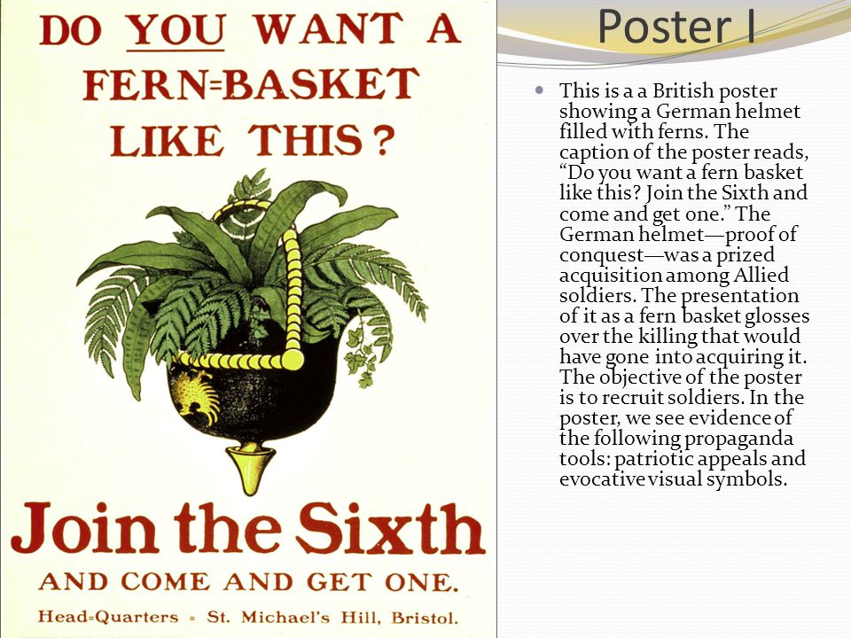Poster I This is a a British poster showing a German helmet filled with ferns.