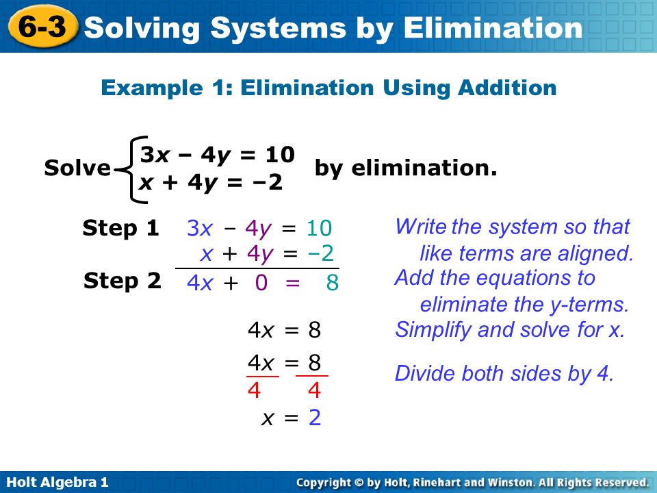 Holt Algebra Solving Systems By Elimination 6 3 Solving Systems By Elimination Holt Algebra 1 Warm Up Warm Up Lesson Presentation Lesson Presentation Ppt Download Holt Algebra Solving Systems By Elimination 6 3 Solving Systems By Elimination Holt Algebra 1 Warm Up Warm Up Lesson Presentation Lesson Presentation Ppt Download