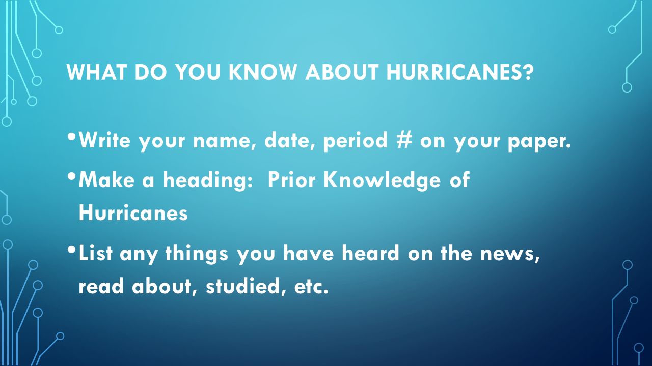 WHAT DO YOU KNOW ABOUT HURRICANES. Write your name, date, period # on your paper.