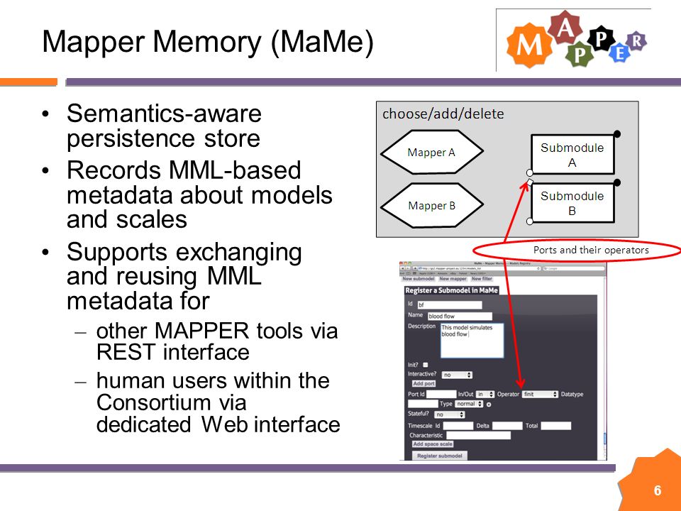 6 Mapper Memory (MaMe) Semantics-aware persistence store Records MML-based metadata about models and scales Supports exchanging and reusing MML metadata for – other MAPPER tools via REST interface – human users within the Consortium via dedicated Web interface Ports and their operators