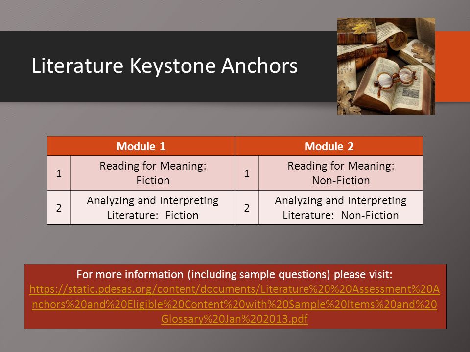 Literature Keystone Anchors Module 1Module 2 1 Reading for Meaning: Fiction 1 Reading for Meaning: Non-Fiction 2 Analyzing and Interpreting Literature: Fiction 2 Analyzing and Interpreting Literature: Non-Fiction For more information (including sample questions) please visit:   nchors%20and%20Eligible%20Content%20with%20Sample%20Items%20and%20 Glossary%20Jan% pdf   nchors%20and%20Eligible%20Content%20with%20Sample%20Items%20and%20 Glossary%20Jan% pdf
